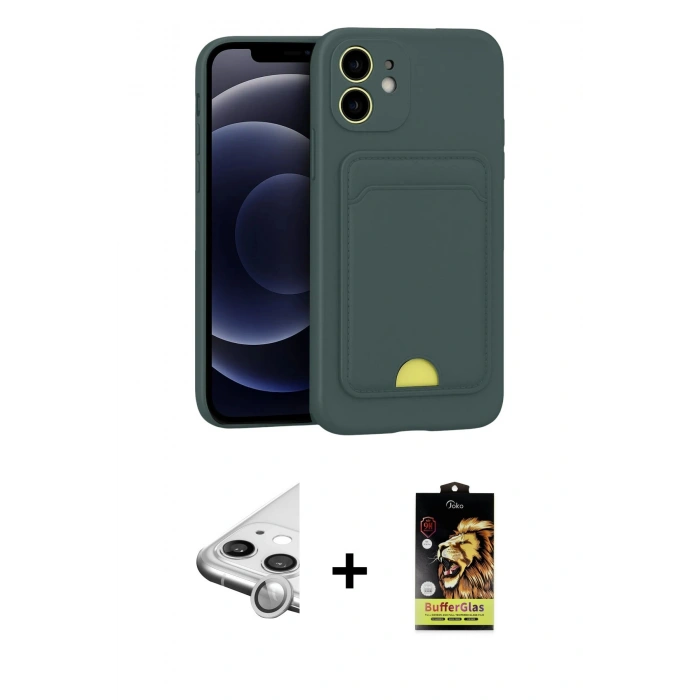 MARSİLYAN™- iPhone 11 Kılıf Vadi Çizgi Prime - Siyah Buffer Cam Ekran Koruyucu + Raze Metal Kamera Lens - GS