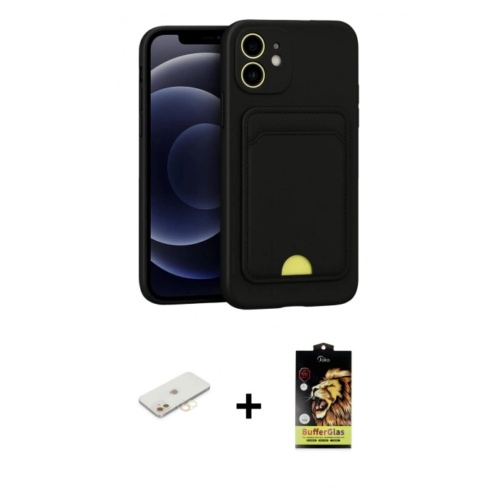 MARSİLYAN™- iPhone 11 Kılıf Vadi Çizgi Prime - Siyah Buffer Cam Ekran Koruyucu + Renkli Kamera Lens Koruma Cam - SI