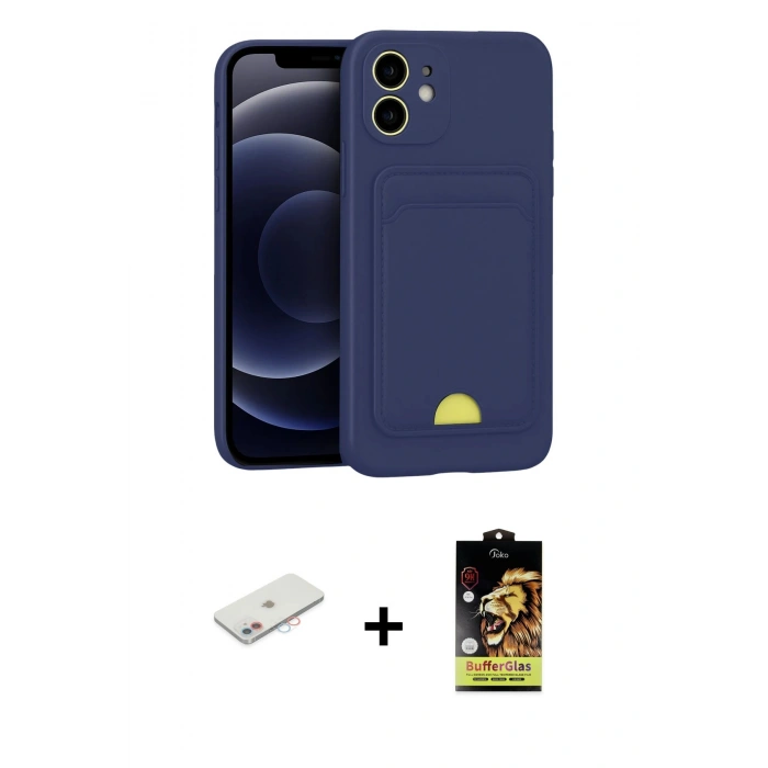 MARSİLYAN™- iPhone 11 Kılıf Vadi Çizgi Prime - Siyah Buffer Cam Ekran Koruyucu + Renkli Kamera Lens Koruma Cam - PE