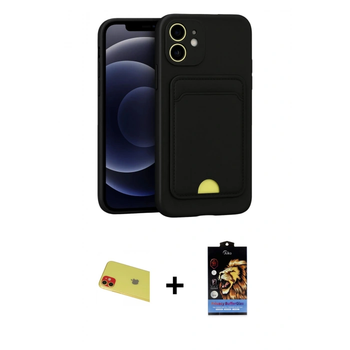 MARSİLYAN™- iPhone 11 Kılıf Vadi Çizgi Prime - Siyah Buffer Hayalet Cam Ekran Koruyucu + Kırmızı Rainbow Kamera Lens Koruma Cam