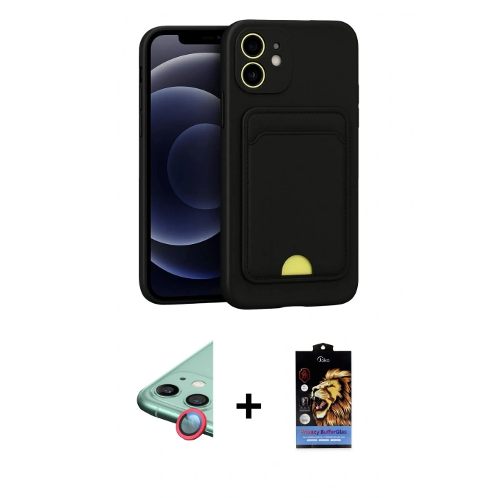 MARSİLYAN™- iPhone 11 Kılıf Vadi Çizgi Prime - Siyah Buffer Hayalet Cam Ekran Koruyucu + Raze Metal Kamera Lens - KI