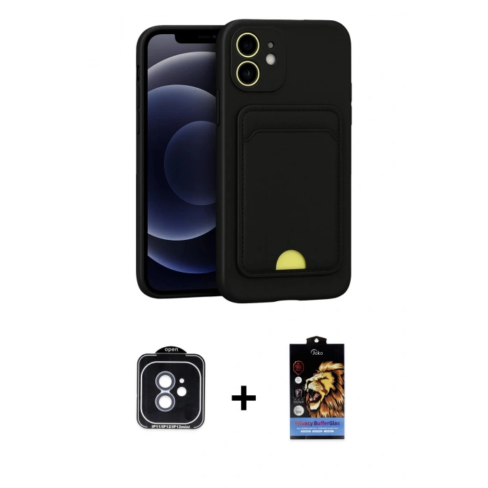 MARSİLYAN™- iPhone 11 Kılıf Vadi Çizgi Prime - Siyah Buffer Hayalet Cam Ekran Koruyucu + PVD Metal Kamera Lens - MI