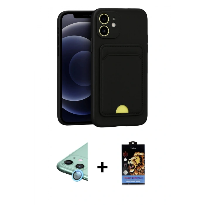 MARSİLYAN™- iPhone 11 Kılıf Vadi Çizgi Prime - Siyah Buffer Hayalet Cam Ekran Koruyucu + Raze Metal Kamera Lens - MI