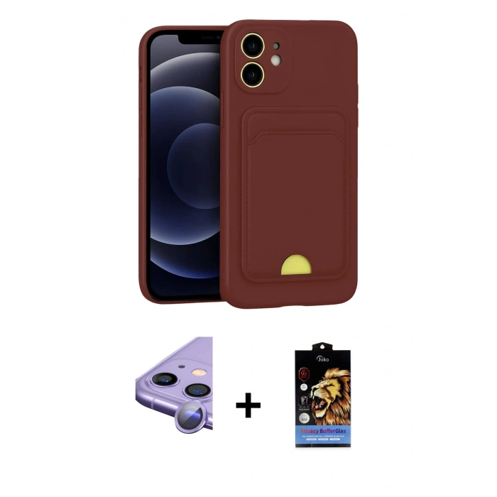 MARSİLYAN™- iPhone 11 Kılıf Vadi Çizgi Prime - Siyah Buffer Hayalet Cam Ekran Koruyucu + Mor Raze Metal Kamera Lens