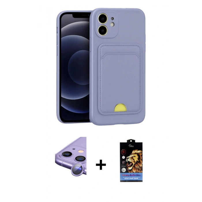 MARSİLYAN™- iPhone 11 Kılıf Vadi Çizgi Prime - Siyah Buffer Hayalet Cam Ekran Koruyucu + Mor Raze Metal Kamera Lens