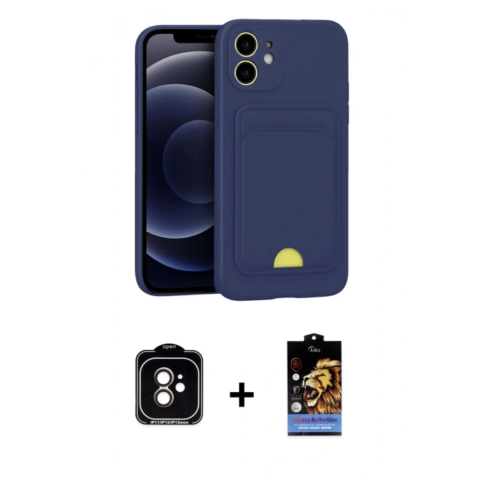 MARSİLYAN™- iPhone 11 Kılıf Vadi Çizgi Prime - Siyah Buffer Hayalet Cam Ekran Koruyucu + PVD Metal Kamera Lens - TU