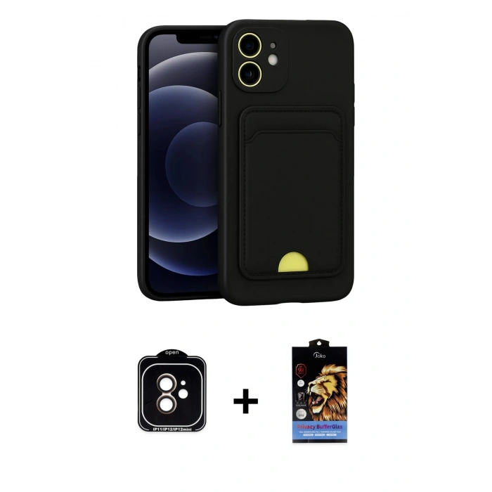 MARSİLYAN™- iPhone 11 Kılıf Vadi Çizgi Prime - Siyah Buffer Hayalet Cam Ekran Koruyucu + PVD Metal Kamera Lens - TU