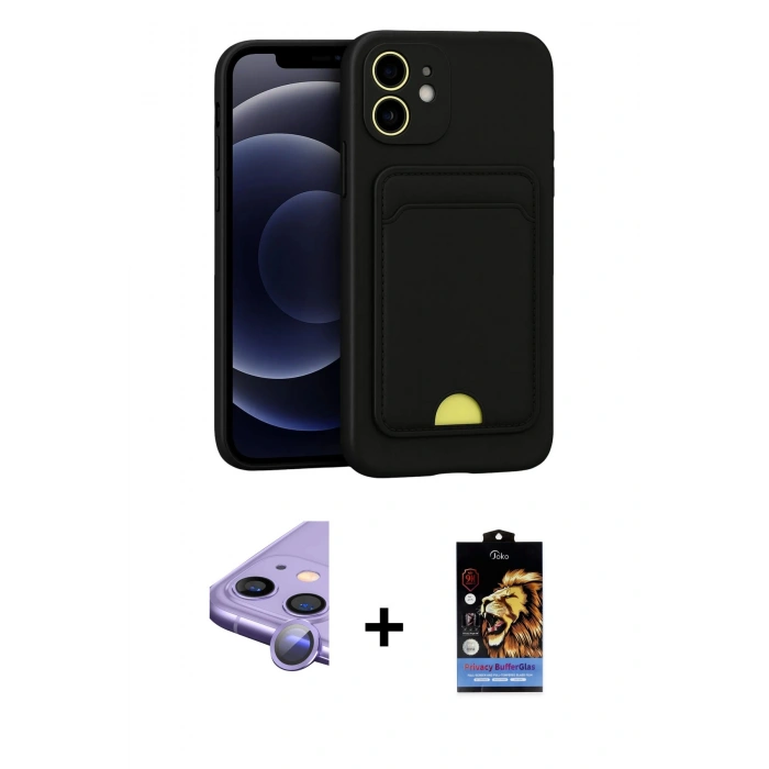 MARSİLYAN™- iPhone 11 Kılıf Vadi Çizgi Prime - Siyah Buffer Hayalet Cam Ekran Koruyucu + Raze Metal Kamera Lens - MR