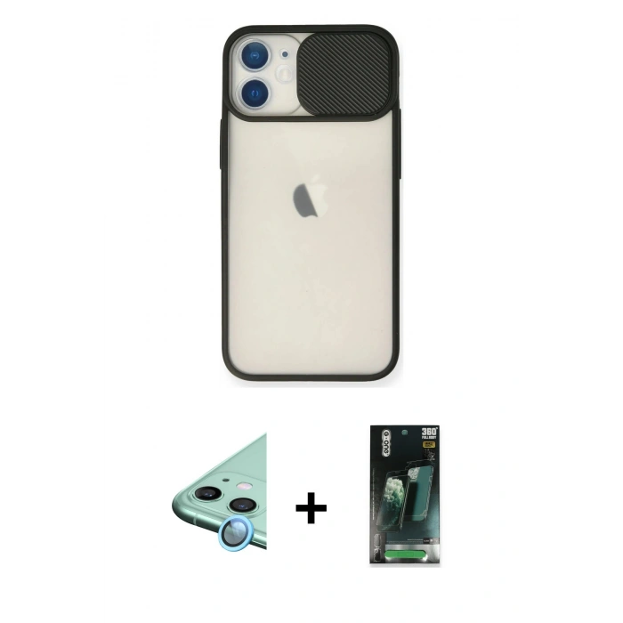 MARSİLYAN™- iPhone 11 Kılıf Vadi Çizgi - Şeffaf 360 Full Body Arka Koruyucu + Raze Metal Kamera Lens - MI
