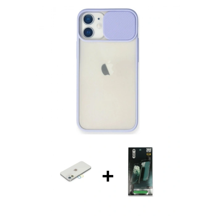 MARSİLYAN™- iPhone 11 Kılıf Vadi Çizgi - Şeffaf 360 Full Body Arka Koruyucu + Renkli Kamera Lens Koruma Cam - SI