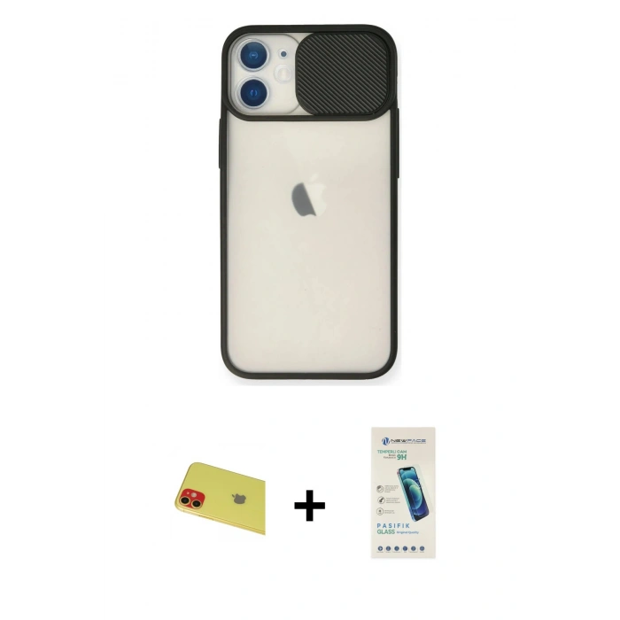 MARSİLYAN™- iPhone 11 Kılıf Vadi Çizgi - Şeffaf Pasifik Cam Ekran Koruyucu + Kırmızı Rainbow Kamera Lens Koruma Cam