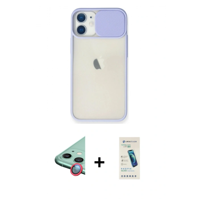 MARSİLYAN™- iPhone 11 Kılıf Vadi Çizgi - Şeffaf Pasifik Cam Ekran Koruyucu + Raze Metal Kamera Lens - KI