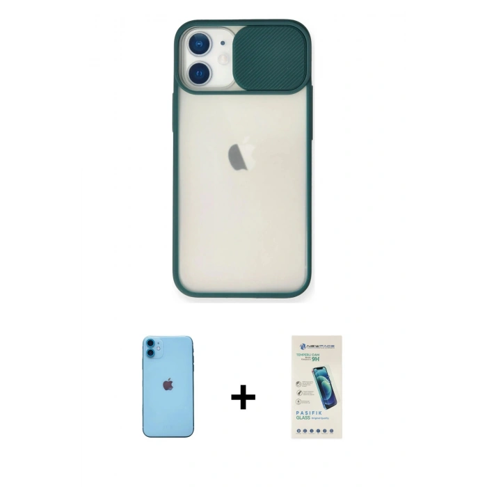 MARSİLYAN™- iPhone 11 Kılıf Vadi Çizgi - Şeffaf Pasifik Cam Ekran Koruyucu + Neon Fosforlu Kamera Lens - MI