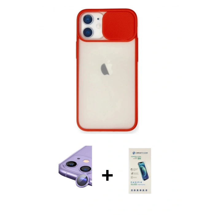 MARSİLYAN™- iPhone 11 Kılıf Vadi Çizgi - Şeffaf Pasifik Cam Ekran Koruyucu + Mor Raze Metal Kamera Lens