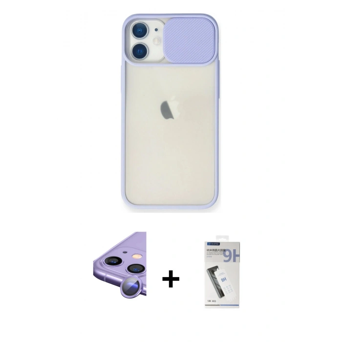MARSİLYAN™- iPhone 11 Kılıf Vadi Çizgi - Şeffaf Uv Polymer Nano Ekran Koruyucu + Mor Raze Metal Kamera Lens