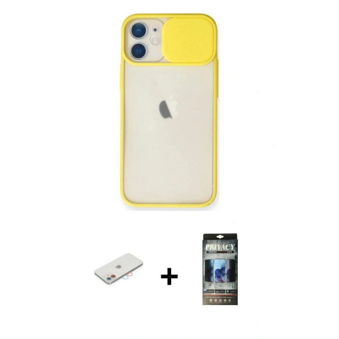 MARSİLYAN™- iPhone 11 Kılıf Vadi Çizgi - Siyah 34D Hayalet Izgaralı Cam + Renkli Kamera Lens Koruma Cam - PE