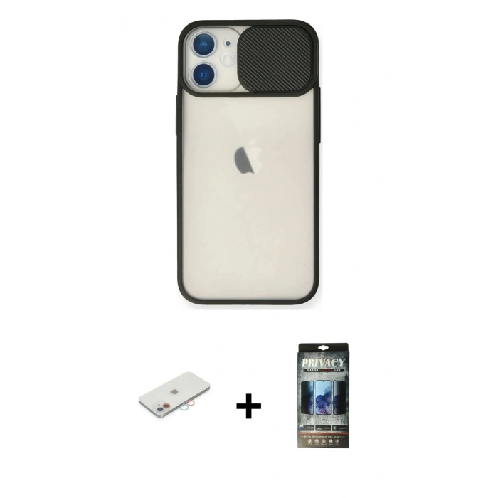 MARSİLYAN™- iPhone 11 Kılıf Vadi Çizgi - Siyah 34D Hayalet Izgaralı Cam + Renkli Kamera Lens Koruma Cam - PE