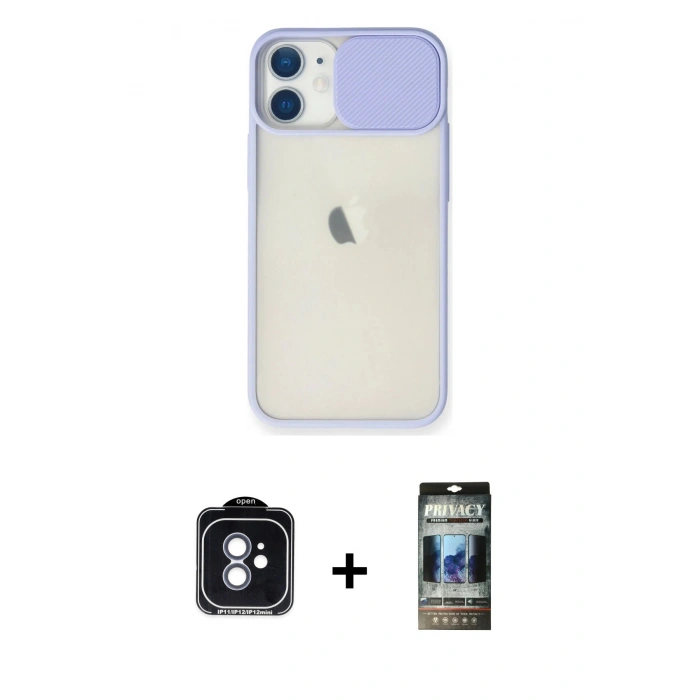MARSİLYAN™- iPhone 11 Kılıf Vadi Çizgi - Siyah 34D Hayalet Izgaralı Cam + PVD Metal Kamera Lens - MI