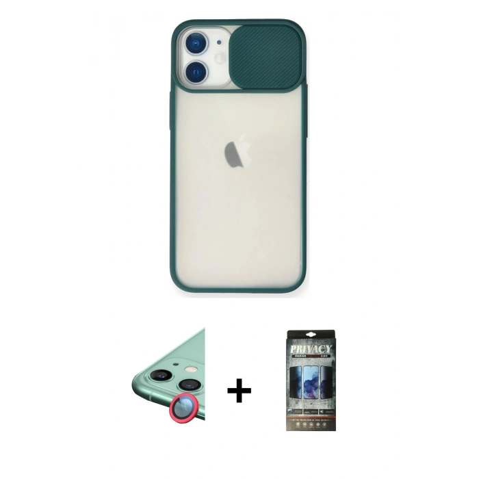 MARSİLYAN™- iPhone 11 Kılıf Vadi Çizgi - Siyah 34D Hayalet Izgaralı Cam + Raze Metal Kamera Lens - KI