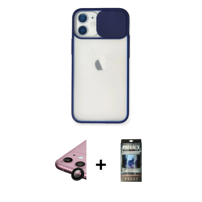 MARSİLYAN™- iPhone 11 Kılıf Vadi Çizgi - Siyah 34D Hayalet Izgaralı Cam + Raze Metal Kamera Lens - SH