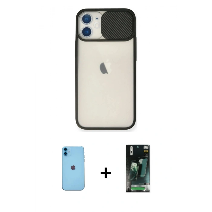 MARSİLYAN™- iPhone 11 Kılıf Vadi Çizgi - Siyah 360 Mat Full Body Arka Koruyucu + Neon Fosforlu Kamera Lens - MI