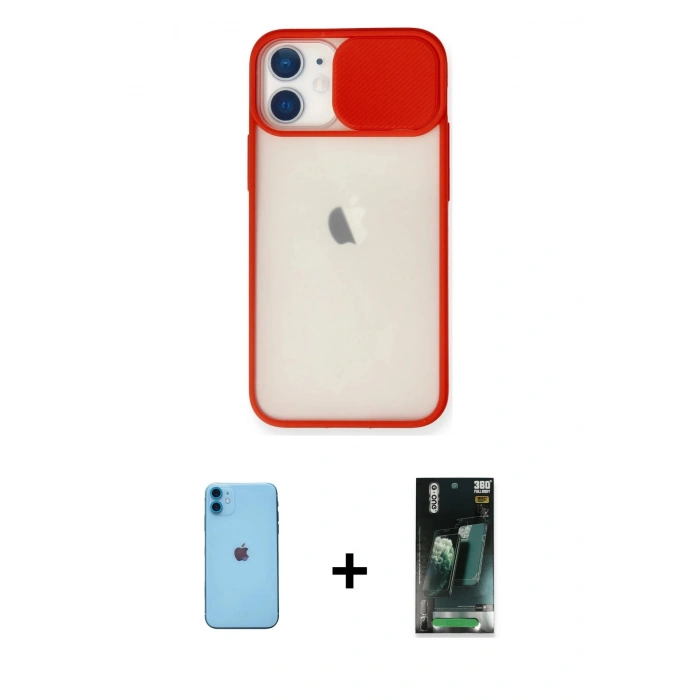 MARSİLYAN™- iPhone 11 Kılıf Vadi Çizgi - Siyah 360 Mat Full Body Arka Koruyucu + Neon Fosforlu Kamera Lens - MI