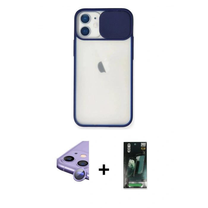 MARSİLYAN™- iPhone 11 Kılıf Vadi Çizgi - Siyah 360 Mat Full Body Arka Koruyucu + Raze Metal Kamera Lens - MR