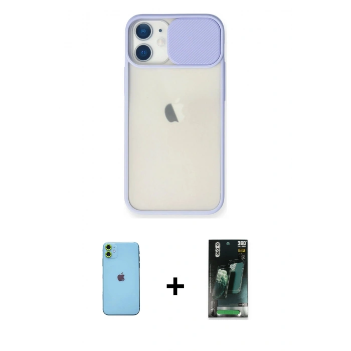 MARSİLYAN™- iPhone 11 Kılıf Vadi Çizgi - Siyah 360 Mat Full Body Arka Koruyucu + Neon Fosforlu Kamera Lens - YL
