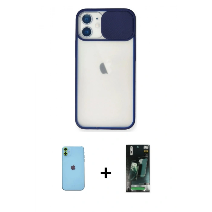 MARSİLYAN™- iPhone 11 Kılıf Vadi Çizgi - Siyah 360 Mat Full Body Arka Koruyucu + Neon Fosforlu Kamera Lens - YL