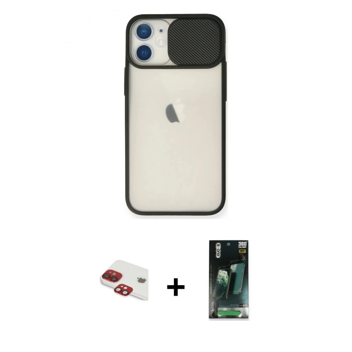 MARSİLYAN™- iPhone 11 Kılıf Vadi Çizgi - Siyah 360 Mat Full Body Arka Koruyucu + Pers Alüminyum Kamera Lens - KI