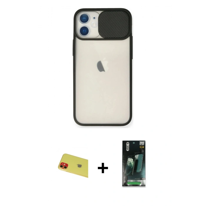 MARSİLYAN™- iPhone 11 Kılıf Vadi Çizgi - Siyah 360 Mat Full Body Arka Koruyucu + Rainbow Kamera Lens Koruma Cam - KI