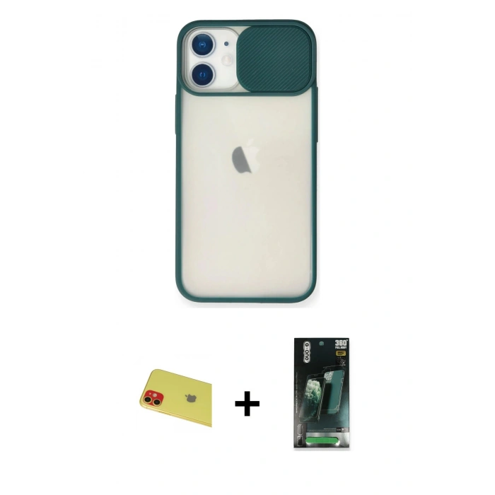 MARSİLYAN™- iPhone 11 Kılıf Vadi Çizgi - Siyah 360 Mat Full Body Arka Koruyucu + Rainbow Kamera Lens Koruma Cam - KI