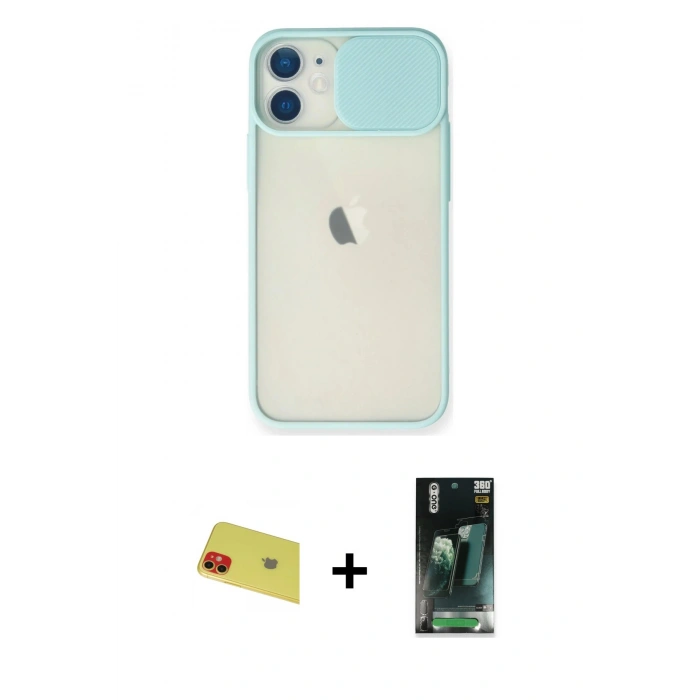 MARSİLYAN™- iPhone 11 Kılıf Vadi Çizgi - Siyah 360 Mat Full Body Arka Koruyucu + Rainbow Kamera Lens Koruma Cam - KI