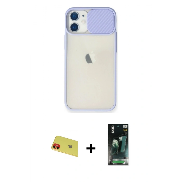 MARSİLYAN™- iPhone 11 Kılıf Vadi Çizgi - Siyah 360 Mat Full Body Arka Koruyucu + Rainbow Kamera Lens Koruma Cam - KI