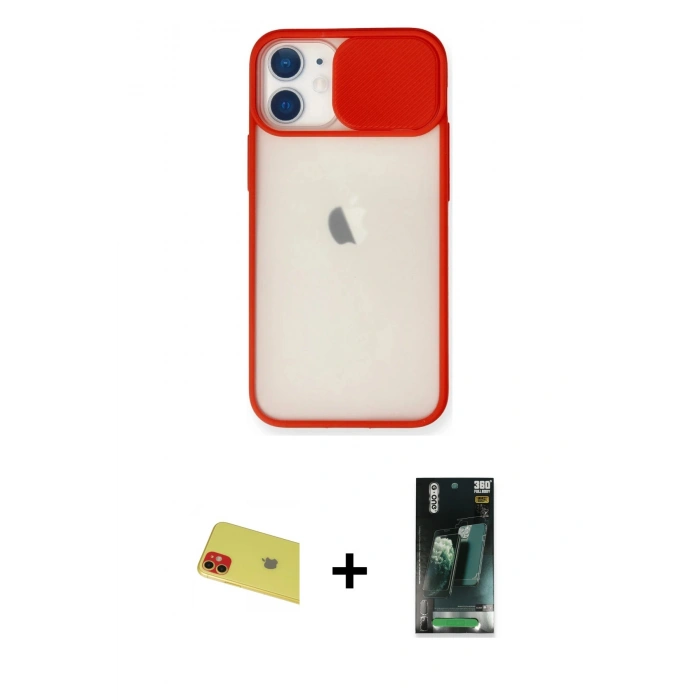 MARSİLYAN™- iPhone 11 Kılıf Vadi Çizgi - Siyah 360 Mat Full Body Arka Koruyucu + Rainbow Kamera Lens Koruma Cam - KI