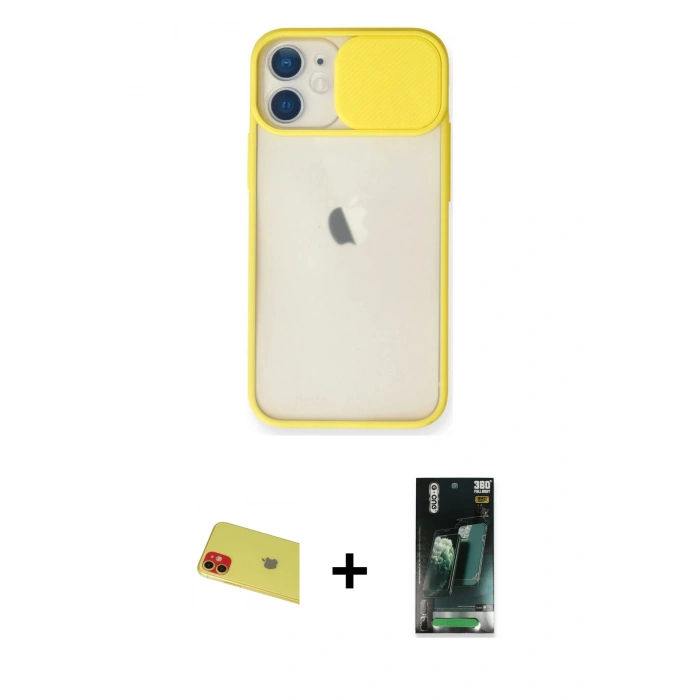MARSİLYAN™- iPhone 11 Kılıf Vadi Çizgi - Siyah 360 Mat Full Body Arka Koruyucu + Rainbow Kamera Lens Koruma Cam - KI