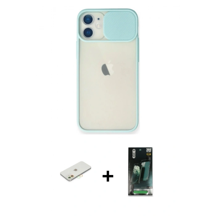 MARSİLYAN™- iPhone 11 Kılıf Vadi Çizgi - Siyah 360 Mat Full Body Arka Koruyucu + Renkli Kamera Lens Koruma Cam - TU