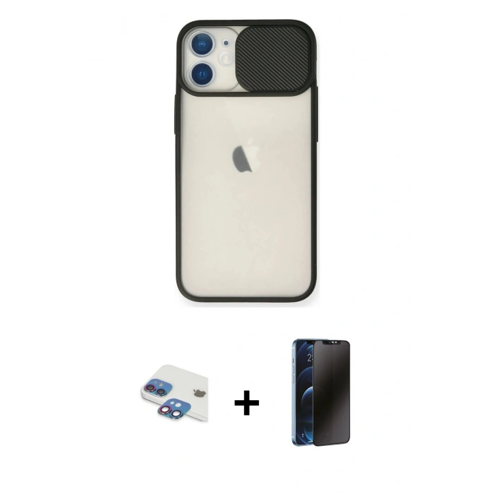 MARSİLYAN™- iPhone 11 Kılıf Vadi Çizgi - Siyah 3D Antistatik Hayalet Cam Ekran Koruyucu + Pers Alüminyum Kamera Lens - GI