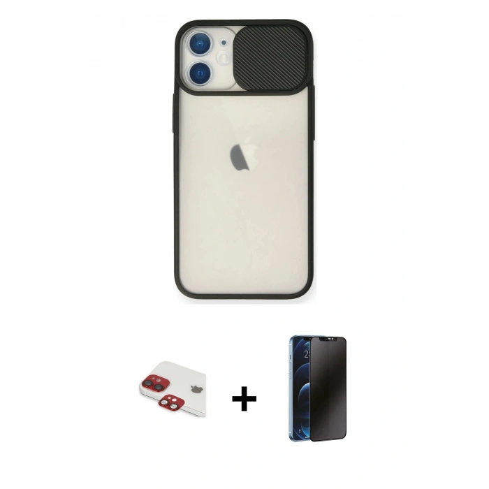MARSİLYAN™- iPhone 11 Kılıf Vadi Çizgi - Siyah 3D Antistatik Hayalet Cam Ekran Koruyucu + Pers Alüminyum Kamera Lens - KI