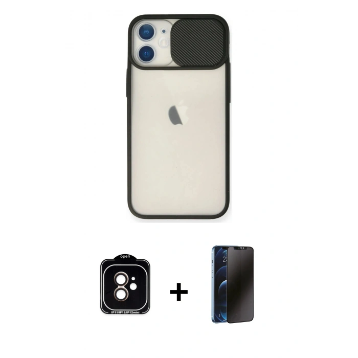 MARSİLYAN™- iPhone 11 Kılıf Vadi Çizgi - Siyah 3D Antistatik Hayalet Cam Ekran Koruyucu + PVD Metal Kamera Lens - TU