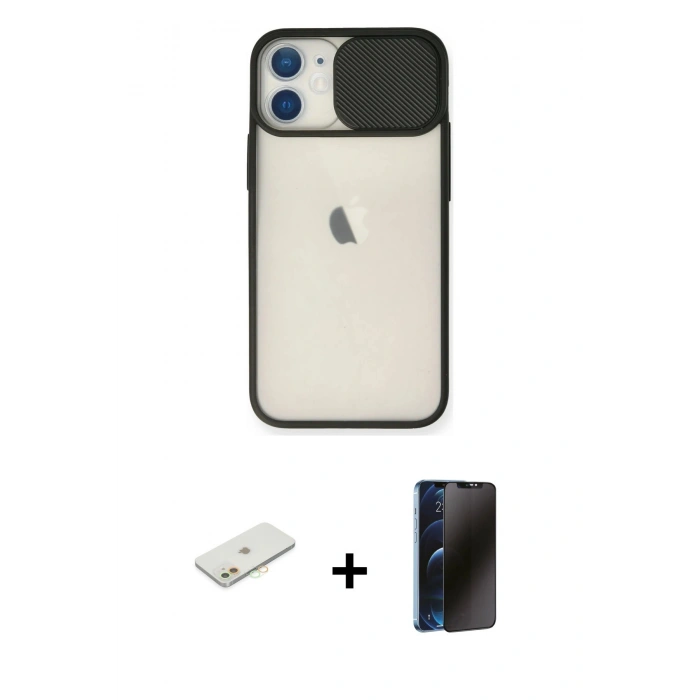 MARSİLYAN™- iPhone 11 Kılıf Vadi Çizgi - Siyah 3D Antistatik Hayalet Cam Ekran Koruyucu + Renkli Kamera Lens Koruma Cam - TU