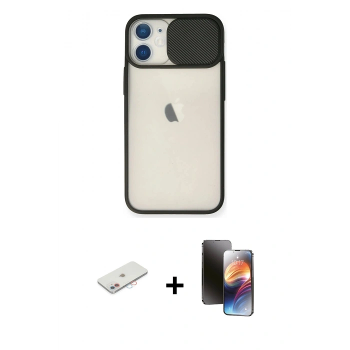 MARSİLYAN™- iPhone 11 Kılıf Vadi Çizgi - Siyah 3D Antistatik Mat Seramik Nano Ekran Koruyucu + Renkli Kamera Lens Koruma Cam - PE