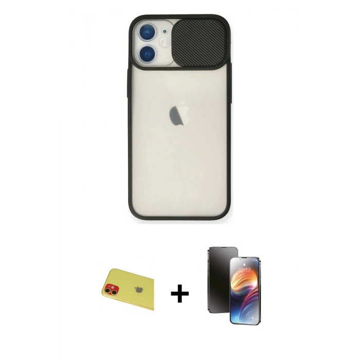 MARSİLYAN™- iPhone 11 Kılıf Vadi Çizgi - Siyah 3D Antistatik Mat Seramik Nano Ekran Koruyucu + Rainbow Kamera Lens Koruma Cam - KI