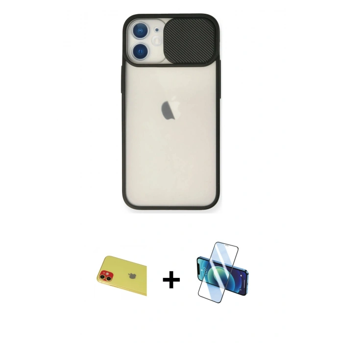 MARSİLYAN™- iPhone 11 Kılıf Vadi Çizgi - Siyah 3D Antistatik Seramik Nano Ekran Koruyucu + Rainbow Kamera Lens Koruma Cam - KI