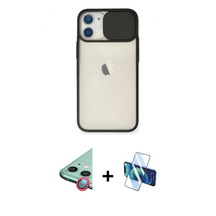 MARSİLYAN™- iPhone 11 Kılıf Vadi Çizgi - Siyah 3D Antistatik Seramik Nano Ekran Koruyucu + Raze Metal Kamera Lens - KI