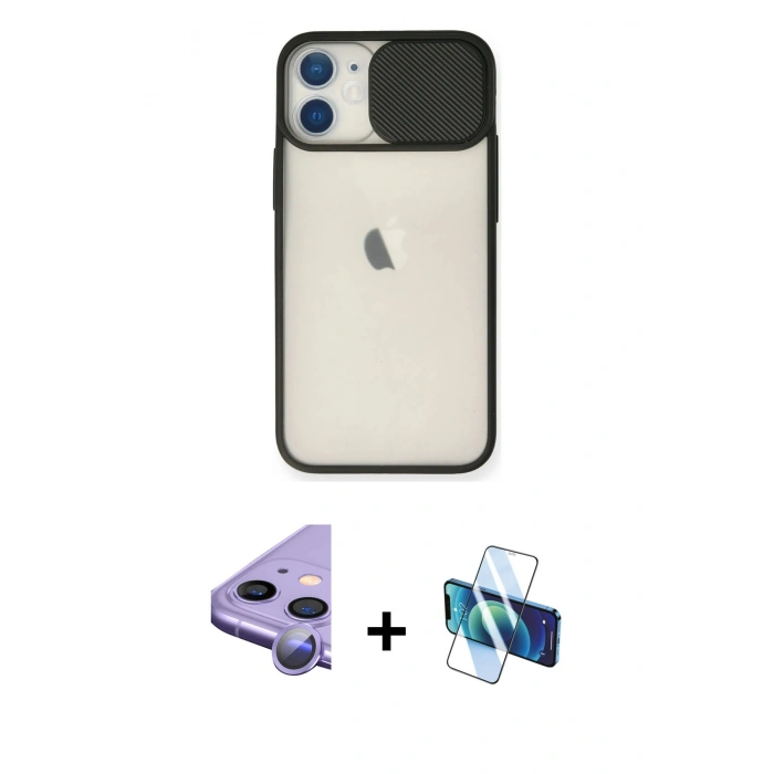 MARSİLYAN™- iPhone 11 Kılıf Vadi Çizgi - Siyah 3D Antistatik Seramik Nano Ekran Koruyucu + Raze Metal Kamera Lens - MR