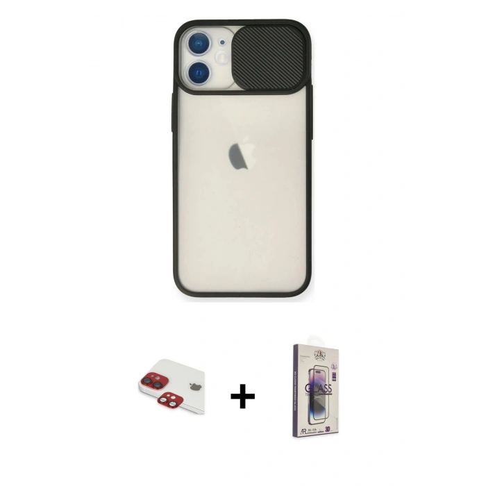 MARSİLYAN™- iPhone 11 Kılıf Vadi Çizgi - Siyah Bilvis 3D Cam Ekran Koruyucu + Pers Alüminyum Kamera Lens - KI
