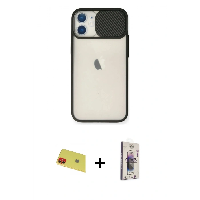 MARSİLYAN™- iPhone 11 Kılıf Vadi Çizgi - Siyah Bilvis 3D Cam Ekran Koruyucu + Rainbow Kamera Lens Koruma Cam - KI