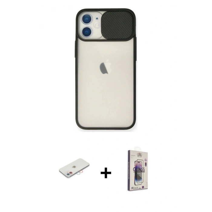 MARSİLYAN™- iPhone 11 Kılıf Vadi Çizgi - Siyah Bilvis 3D Cam Ekran Koruyucu + Renkli Kamera Lens Koruma Cam - PE
