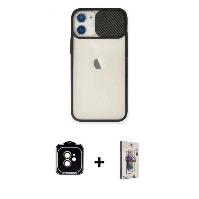 MARSİLYAN™- iPhone 11 Kılıf Vadi Çizgi - Siyah Bilvis 3D Cam Ekran Koruyucu + PVD Metal Kamera Lens - TU